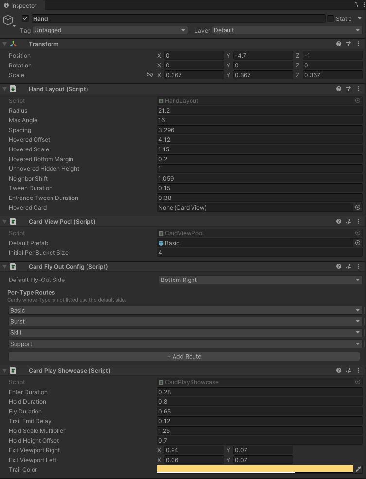 The Hand Inspector showing the default Hand Layout, Card View Pool, Card Fly Out Config, and Card Play Showcase