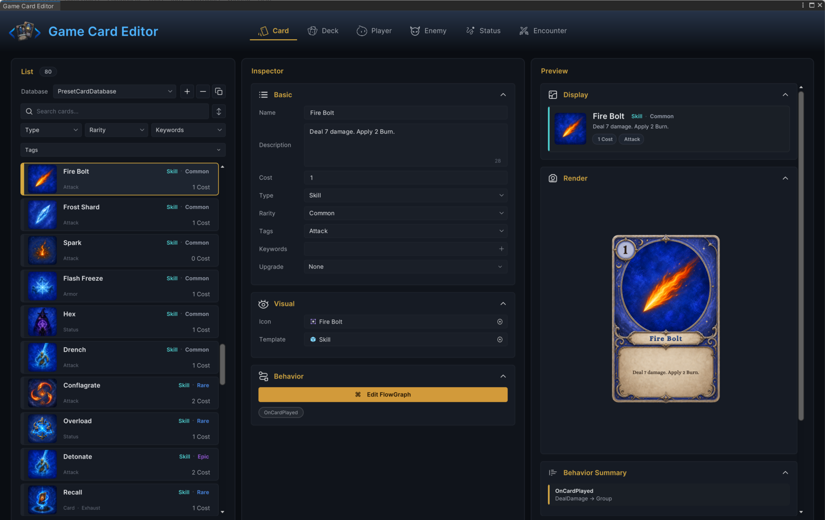 Workbench Card mode with the demo card Fire Bolt selected, its identity fields filled in and the finished card rendered in the preview column