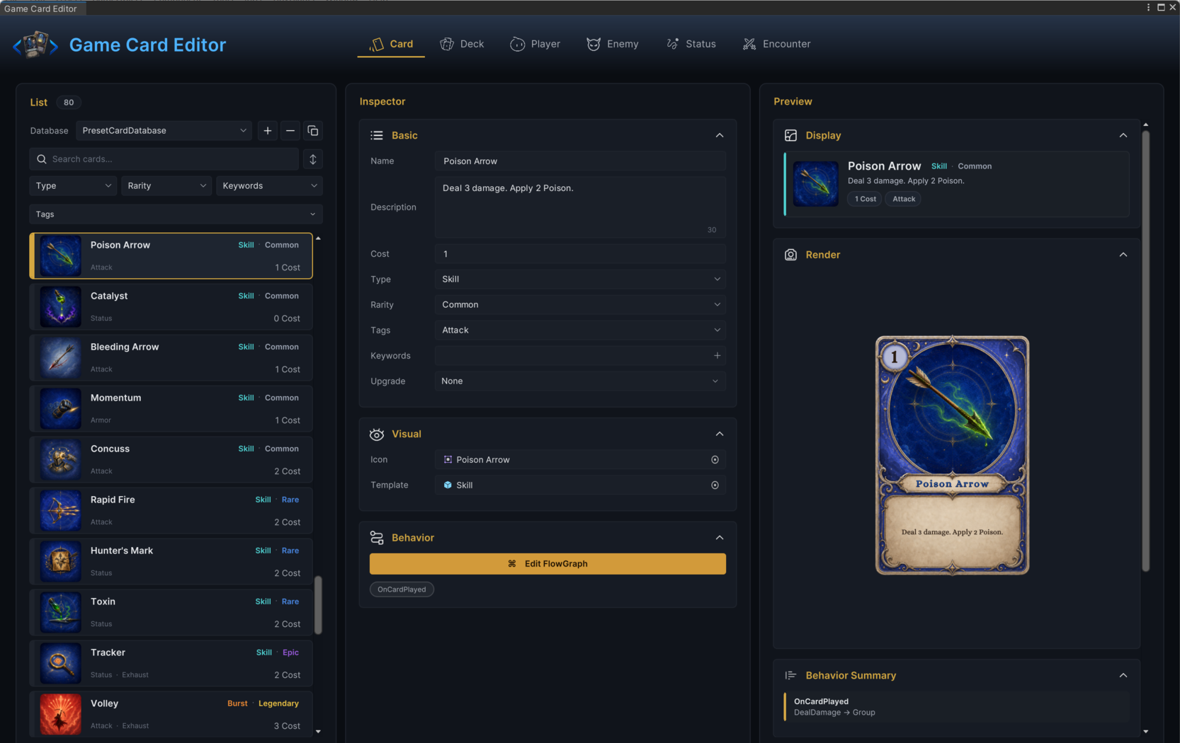 Workbench Card mode with Poison Arrow selected, its Basic, Visual, and Behavior foldouts filled in and the finished card rendered in the preview column
