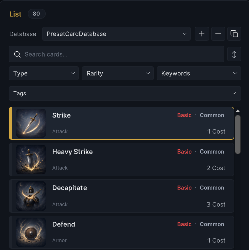 The complete Card List frame with database controls, create, delete, duplicate, search, filters, sort, and card rows