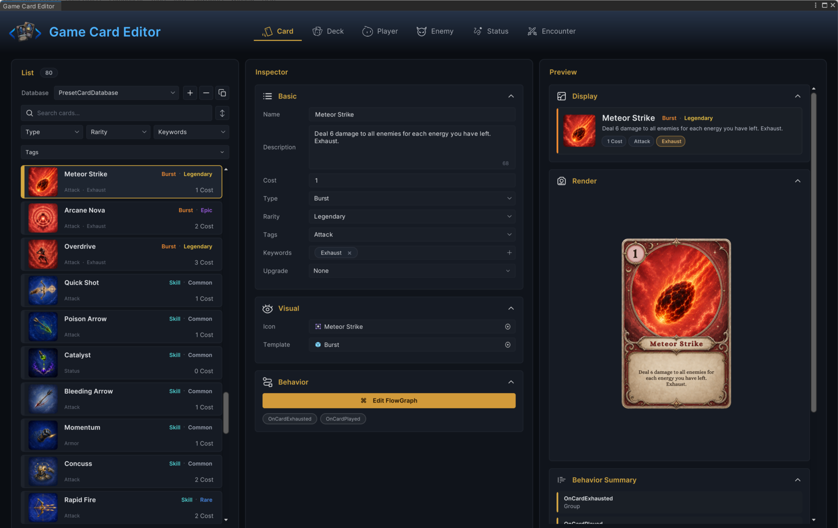 Workbench Card mode with the Mage card Meteor Strike selected in the 80-card demo list