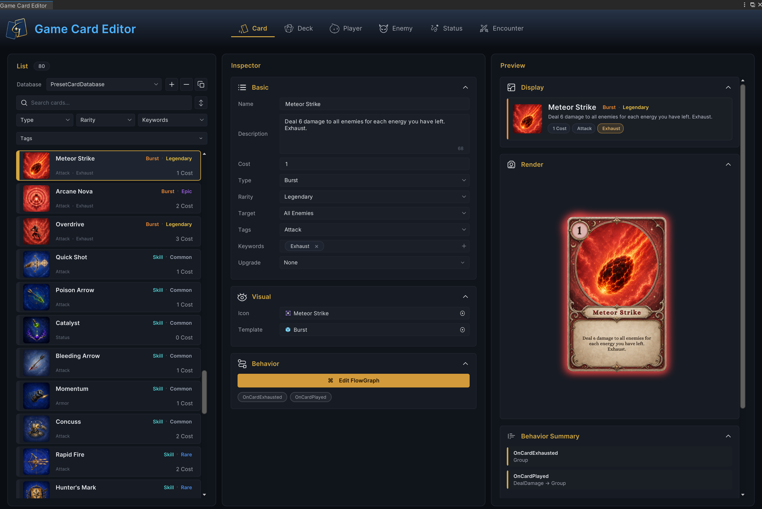 Card mode in the Game Card Editor with the Mage card Meteor Strike selected in the Demo list