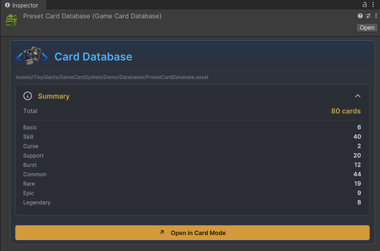 The dedicated Preset Card Database Inspector showing the asset path, card type and rarity statistics, and Open in Card Mode