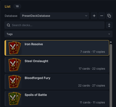 The complete Deck List frame with database controls, search, tag filtering, and deck rows