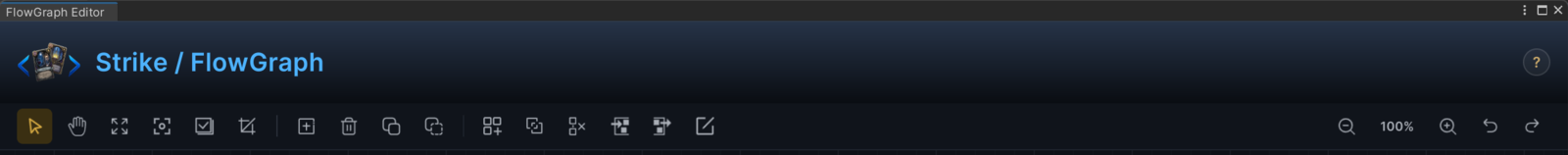 The FlowGraph window opened on the demo card Strike, with the full toolbar across the top and the zoom control at 100%