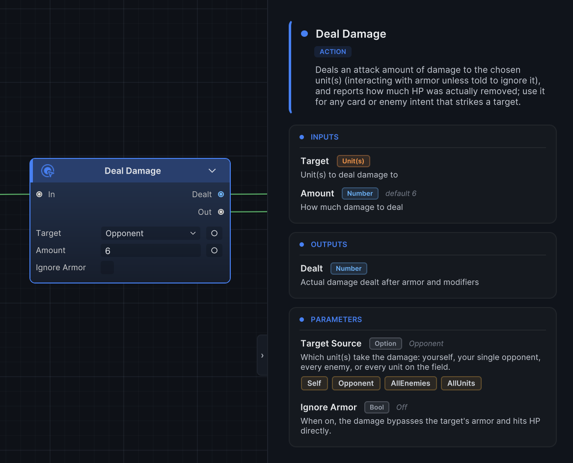 The node reference drawer open with Deal Damage selected
