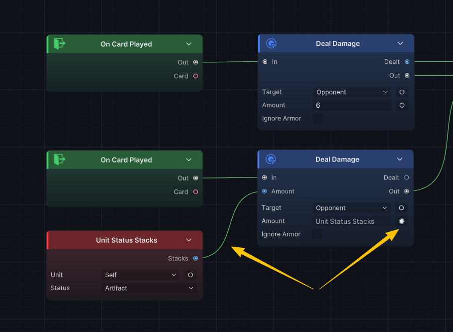 Field and input-port toggles on Deal Damage and Play Effect nodes