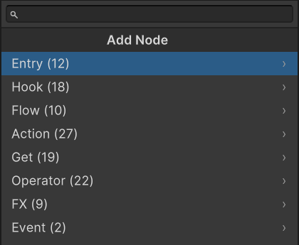 The Add Node menu expanded by category in a Card Behavior