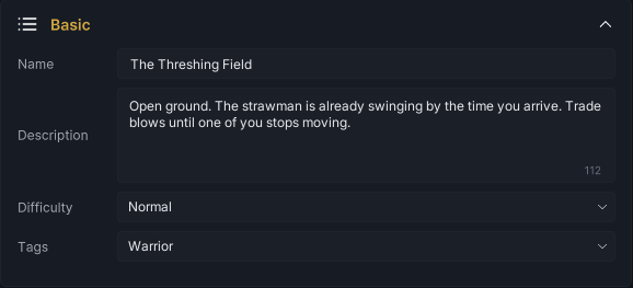 The complete Encounter Basic frame with Name, Description, Difficulty, and Tags