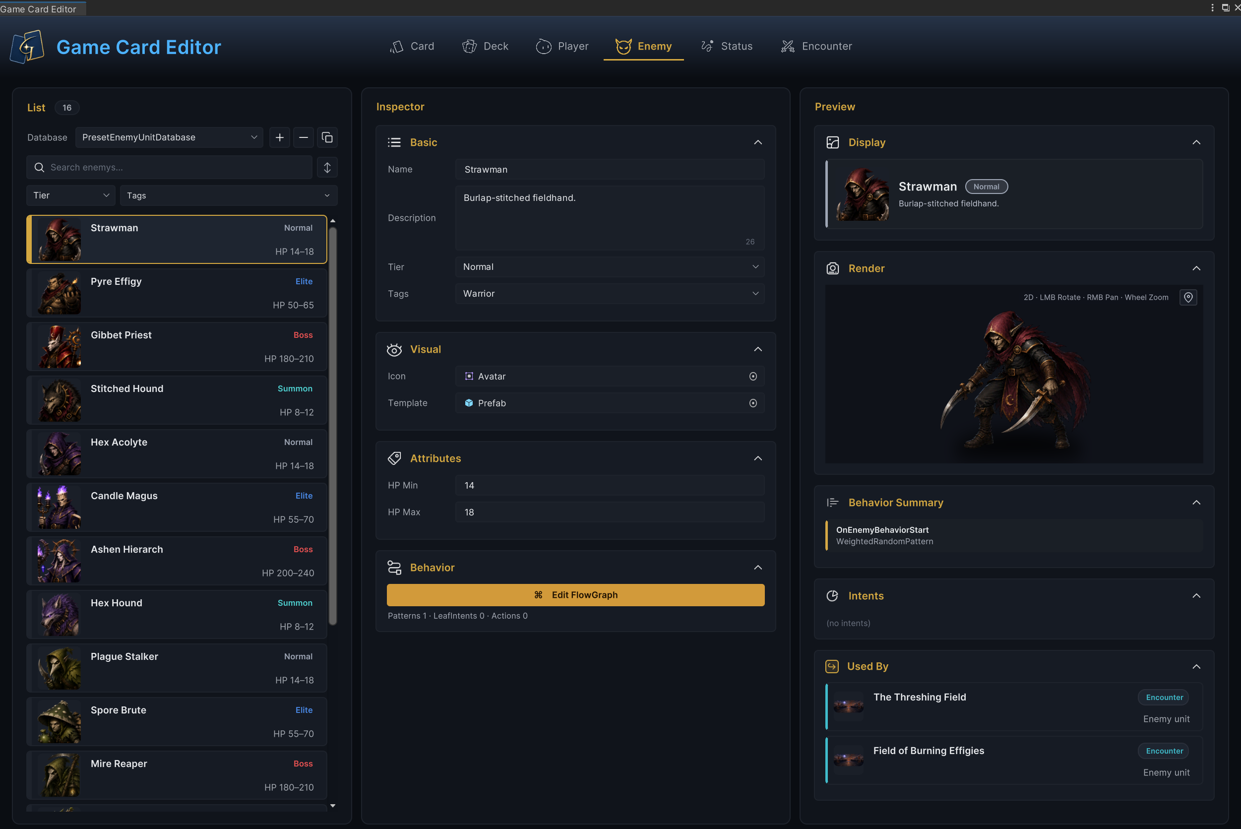 Enemy mode in Game Card Editor, with List, Inspector, Preview, and Used By centered on Strawman