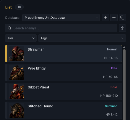 The complete Enemy List frame with database controls, Tier and Tag filters, and enemy rows