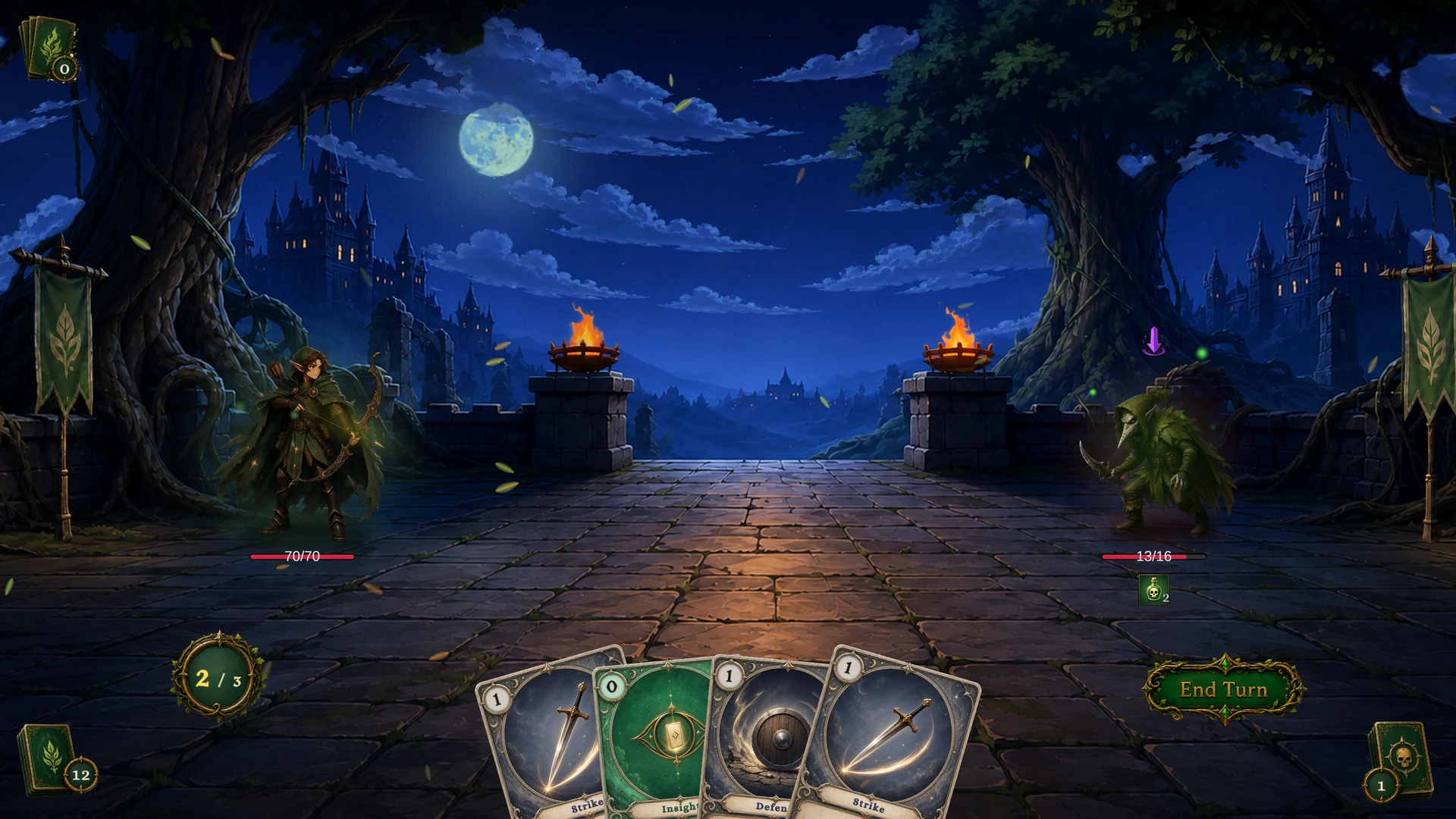 After Poison Arrow resolves: the enemy at 13 of 16 HP with two stacks of Poison, two energy remaining, one card in the discard pile