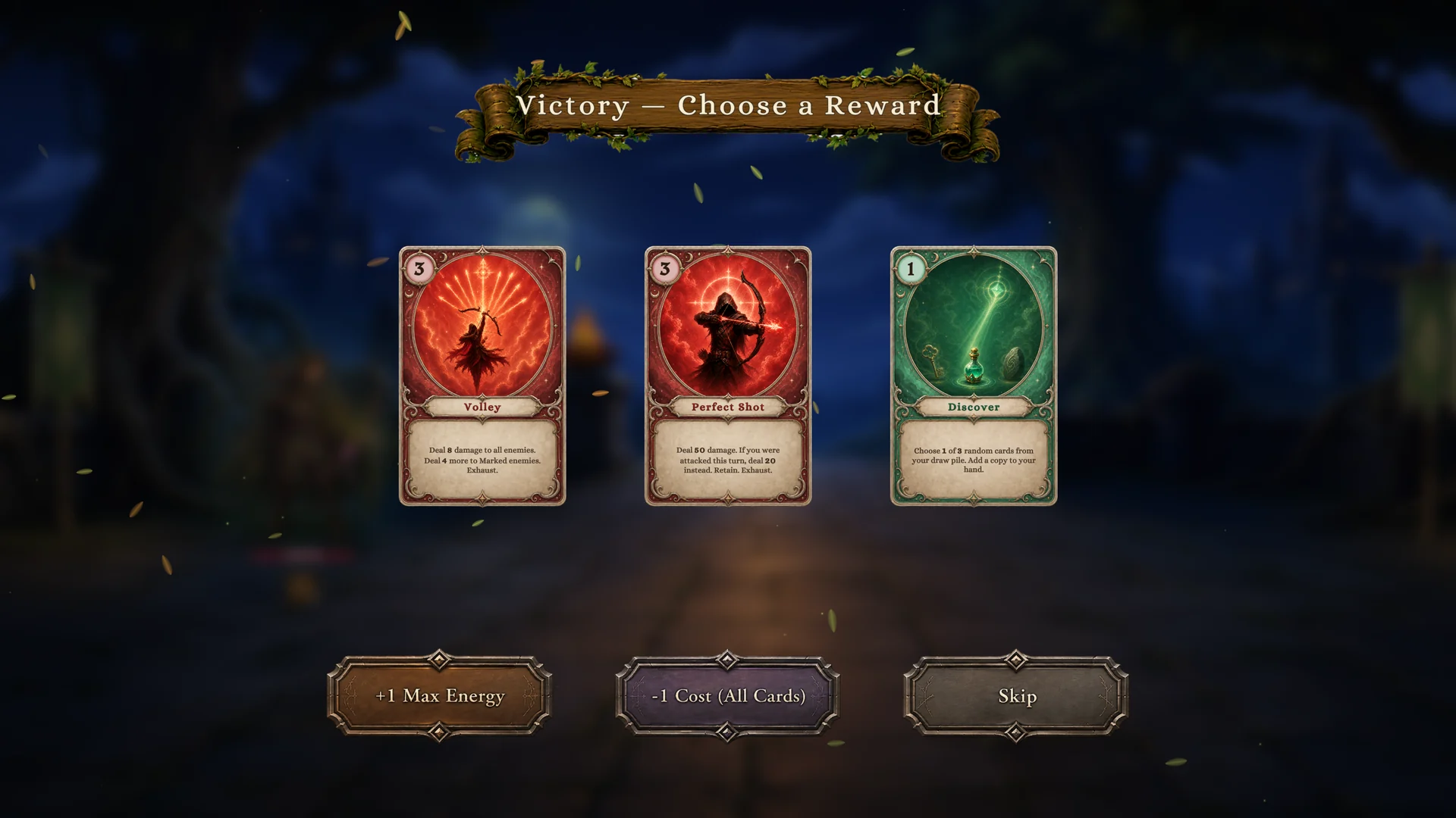 The victory reward screen after a won battle: three reward cards plus +1 Max Energy, -1 Cost (All Cards), and Skip buttons
