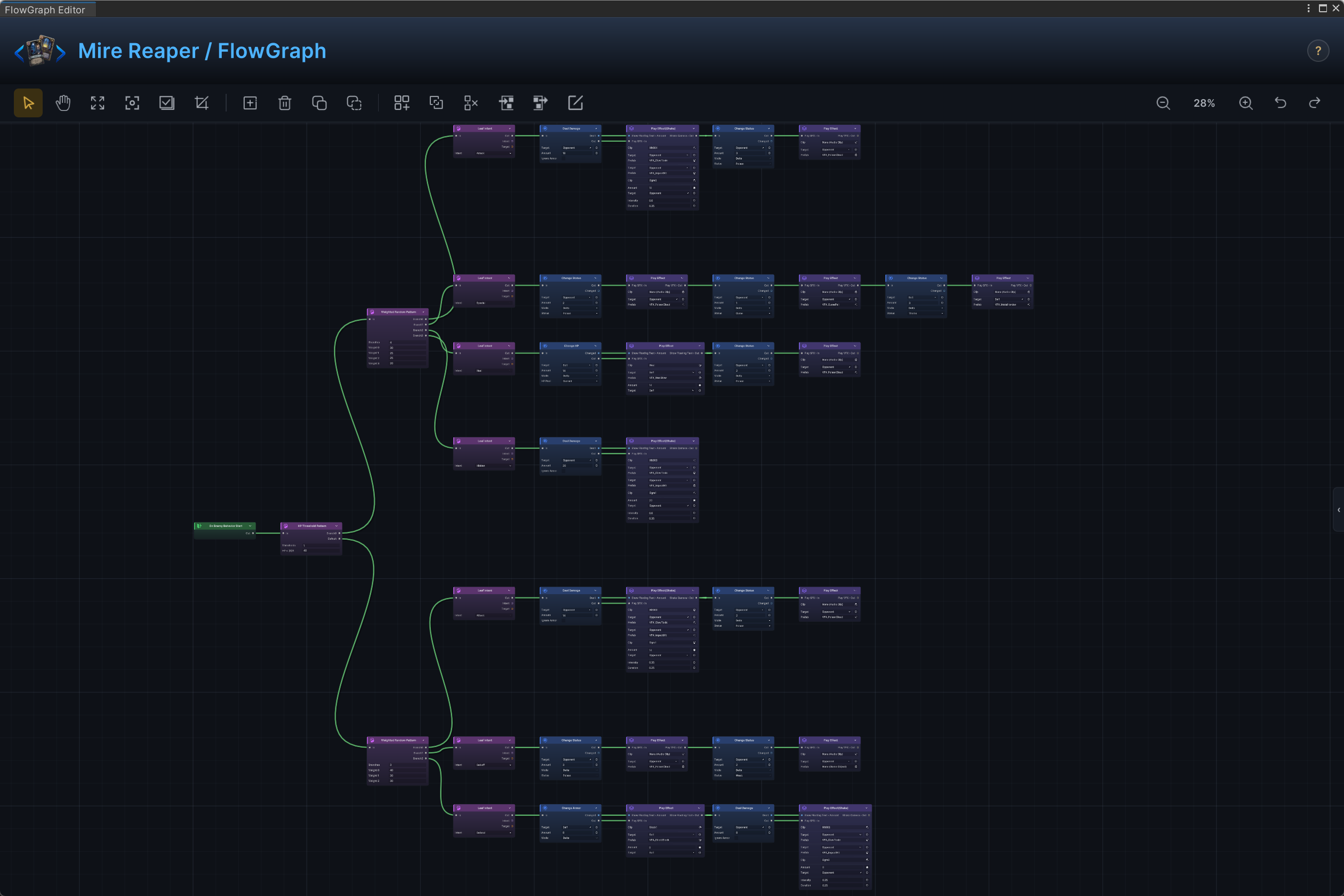 Mire Reaper's enemy behavior graph: pattern nodes choose an intent branch, and each branch runs action and FX nodes