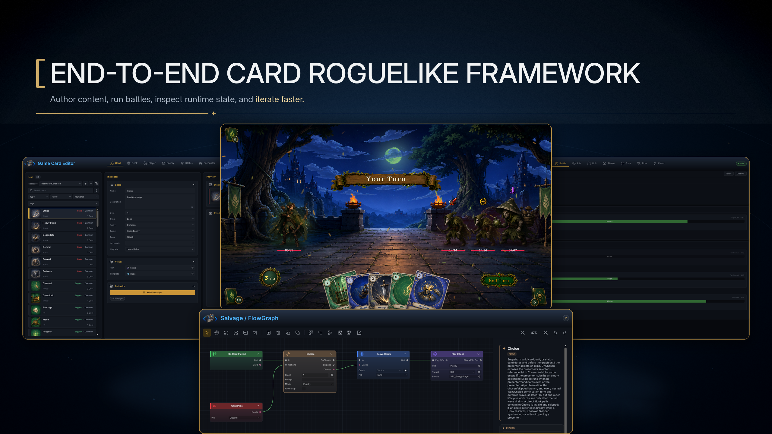 The complete GCS visual authoring workflow, including Game Card Editor, FlowGraph, Play Mode, and Game Card Monitor