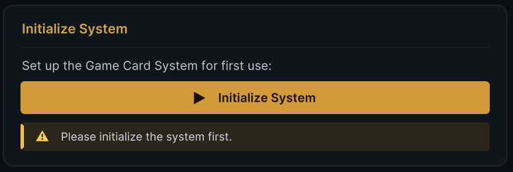 The uninitialized Game Card System panel with the Initialize System button ready