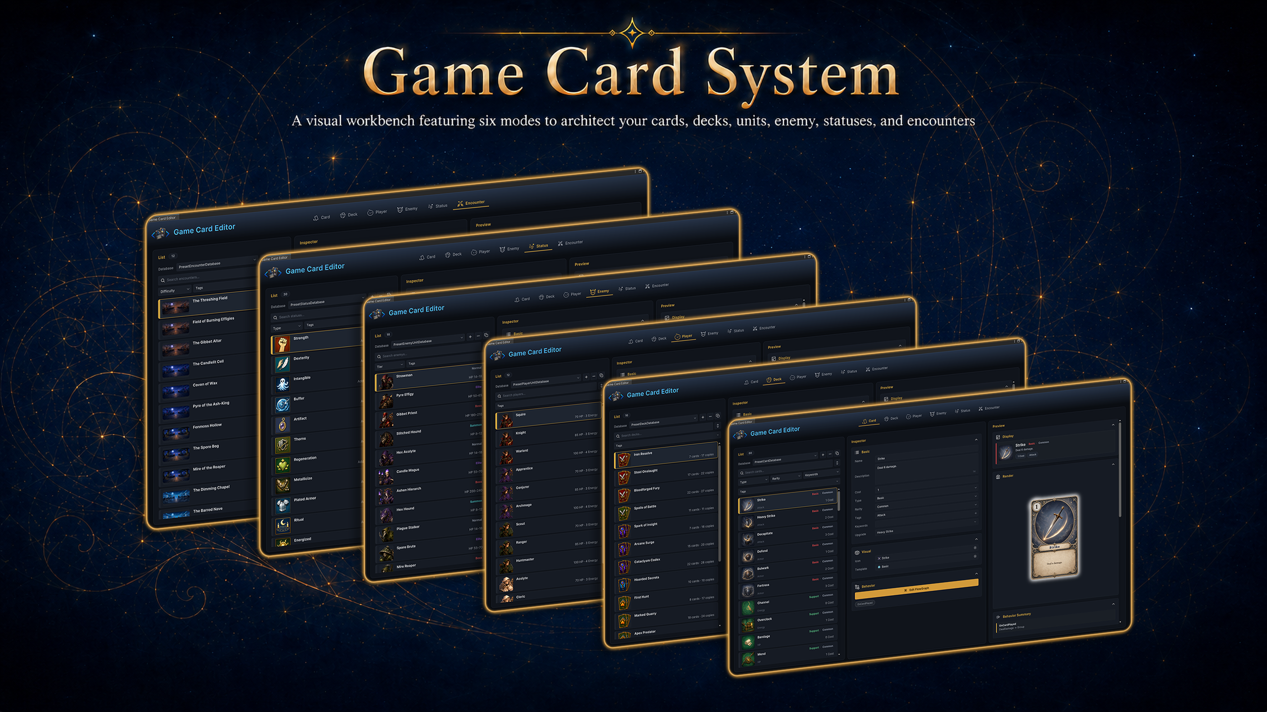 The Game Card Editor Workbench showing the content list, inspector, and preview columns