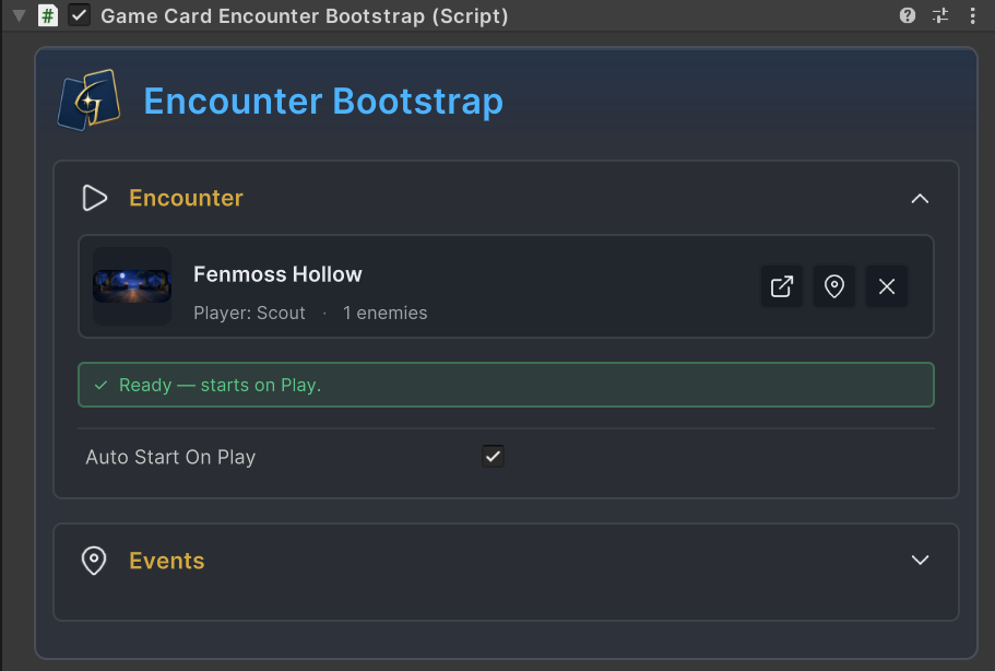 GameCardEncounterBootstrap with Fenmoss Hollow selected and the Ready โ starts on Play status