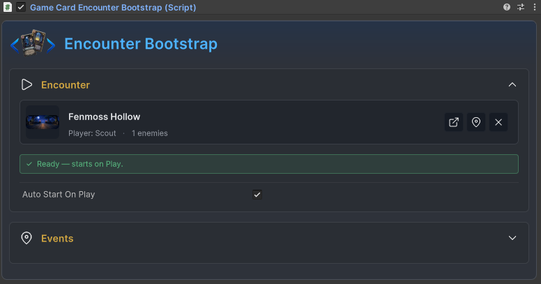The GameCardEncounterBootstrap inspector with a demo encounter assigned and Auto Start On Play enabled
