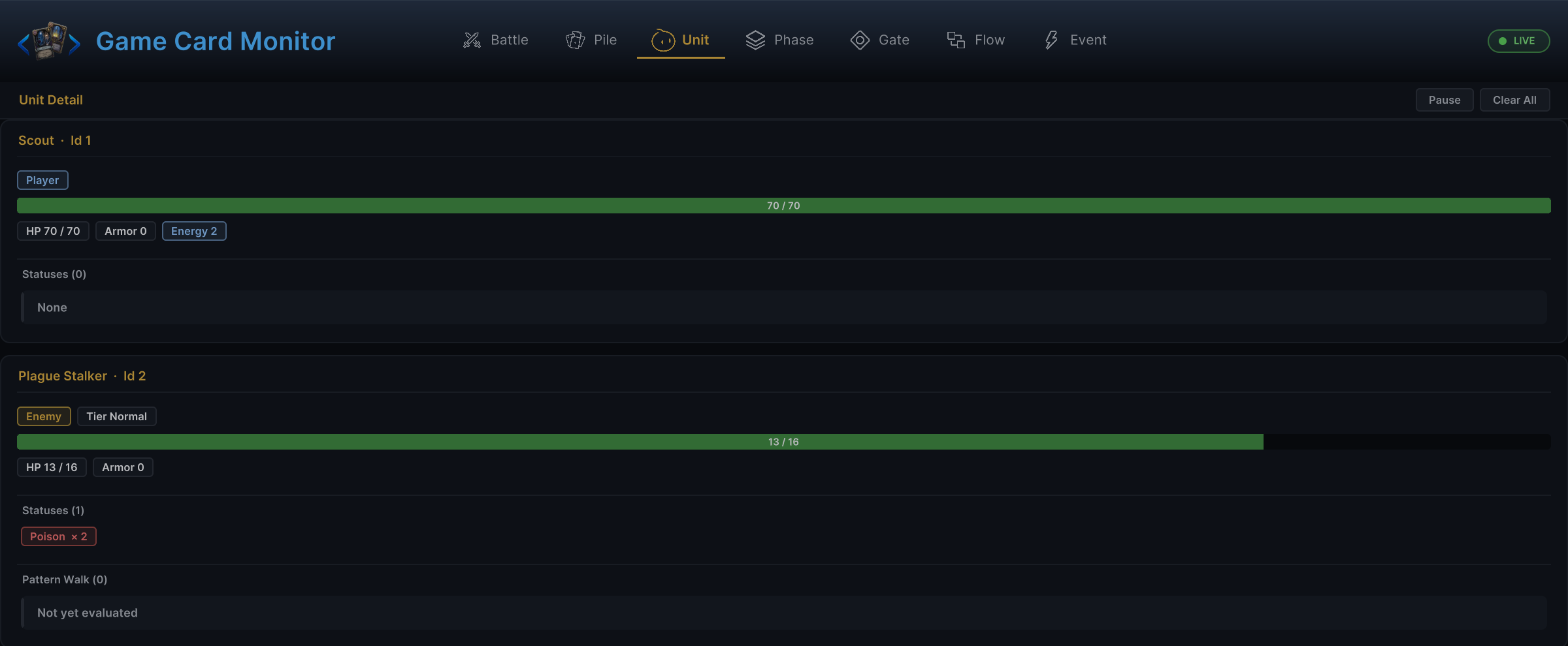 Monitor Units tab showing live UnitState values for every unit in the battle