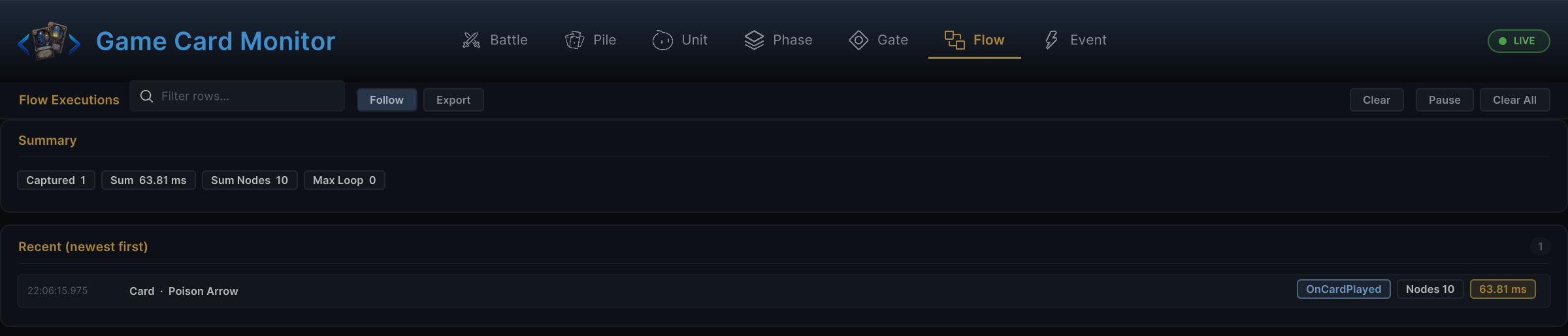 Game Card Monitor Flow tab listing FlowGraph executions during a live battle