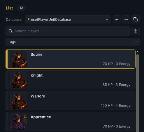 The complete Player List frame with database controls, search, tags, and unit rows