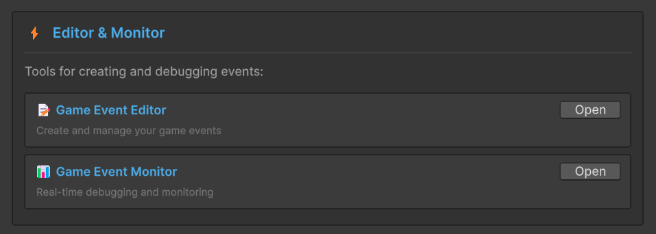 Game Event System dashboard with the Game Event Monitor button