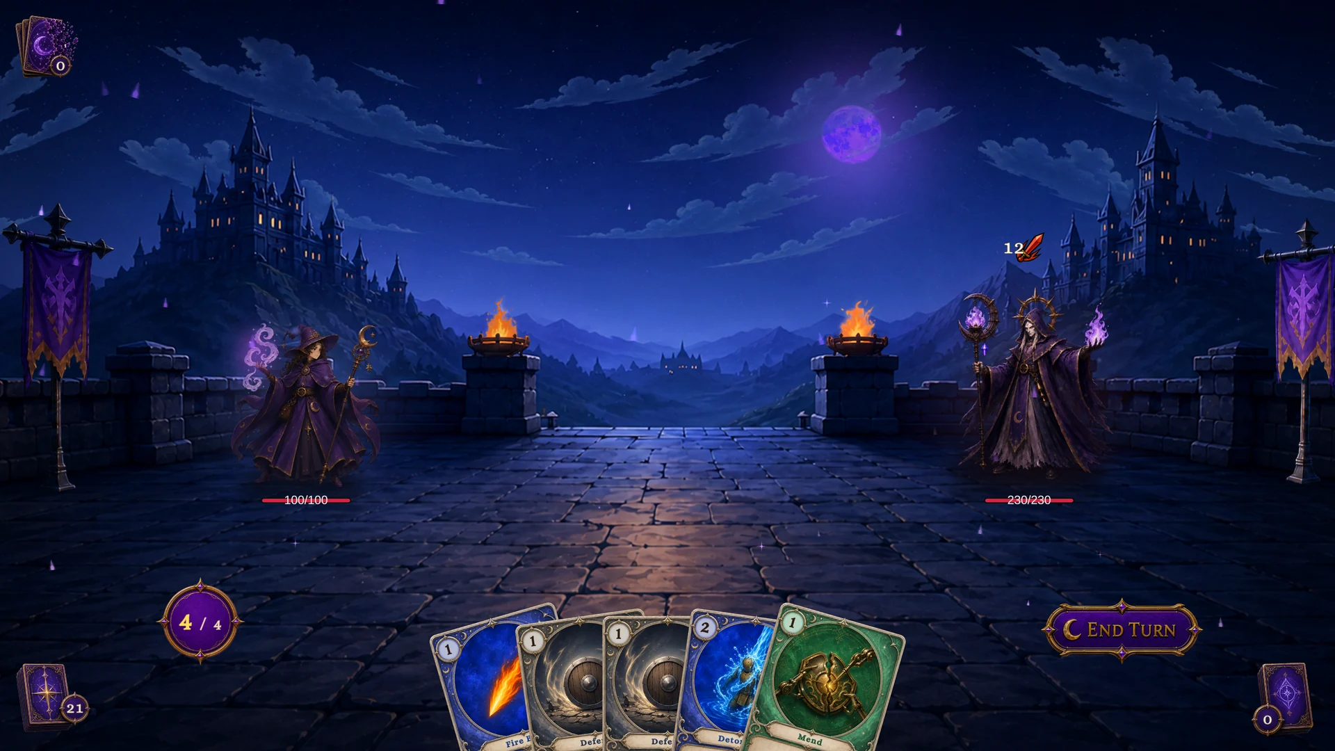 Mage boss battle in Pyre of the Ash-King, with hand, energy, and enemy intent visible