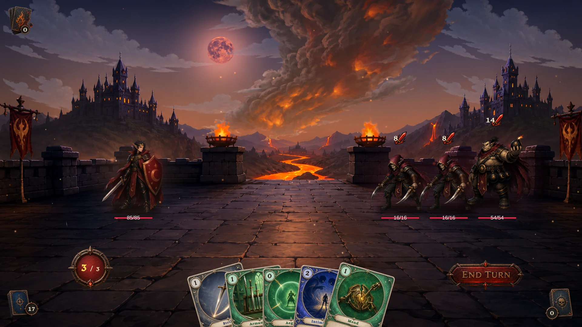 Field of Burning Effigies in play: the Knight faces the Warrior Elite lineup of two Strawmen and a Pyre Effigy