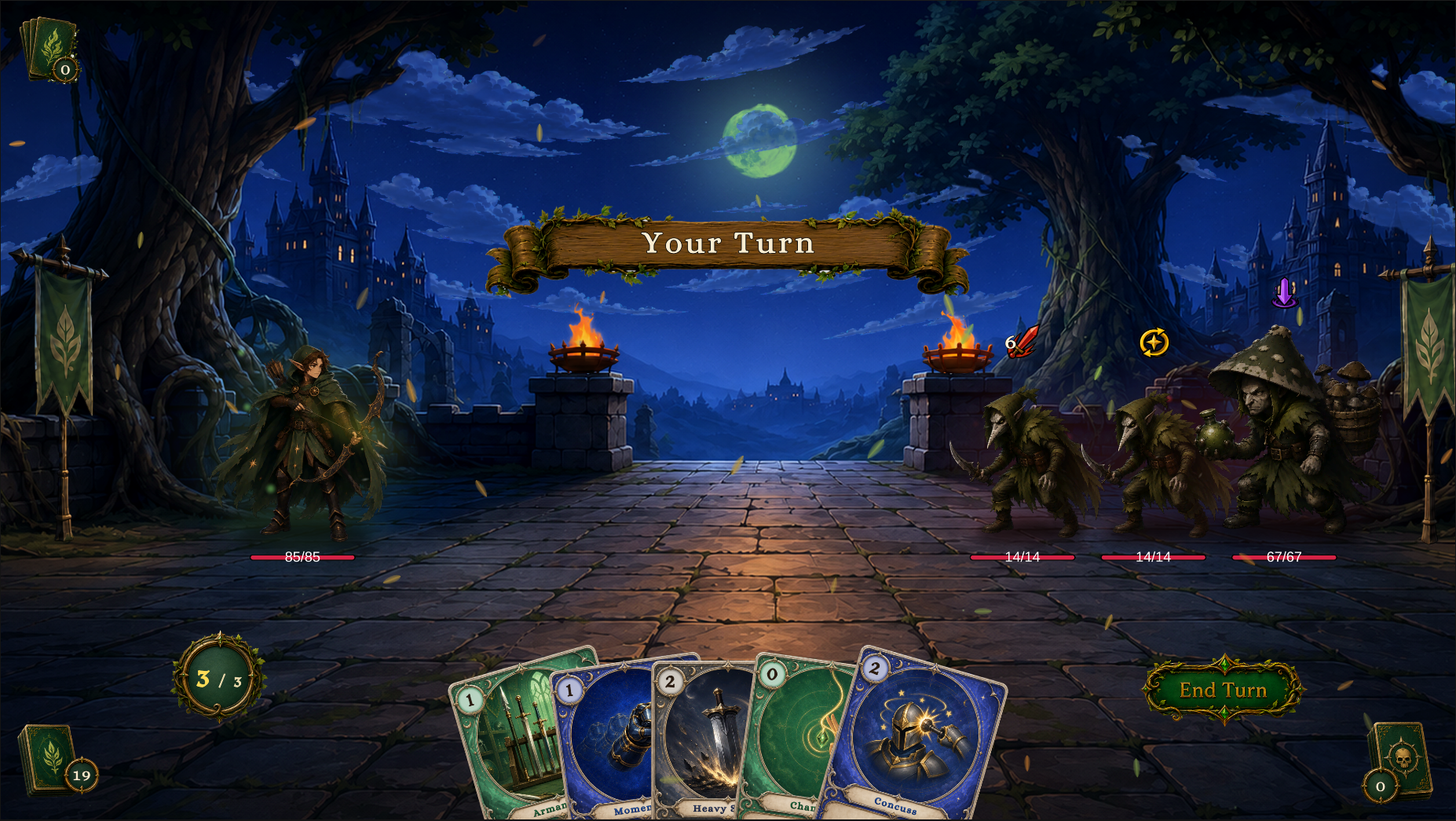 Hunter Demo battle with player, enemy, hand, energy, and Intent visible