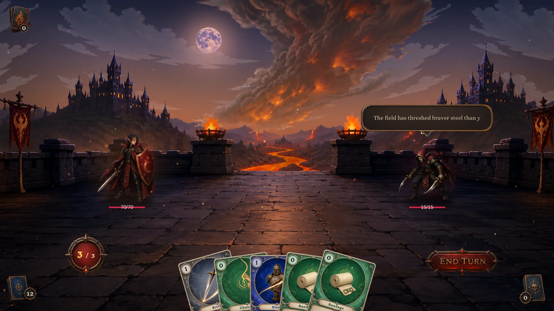 The Threshing Field in Play Mode, with Strawman fighting Squire at 15/15 HP