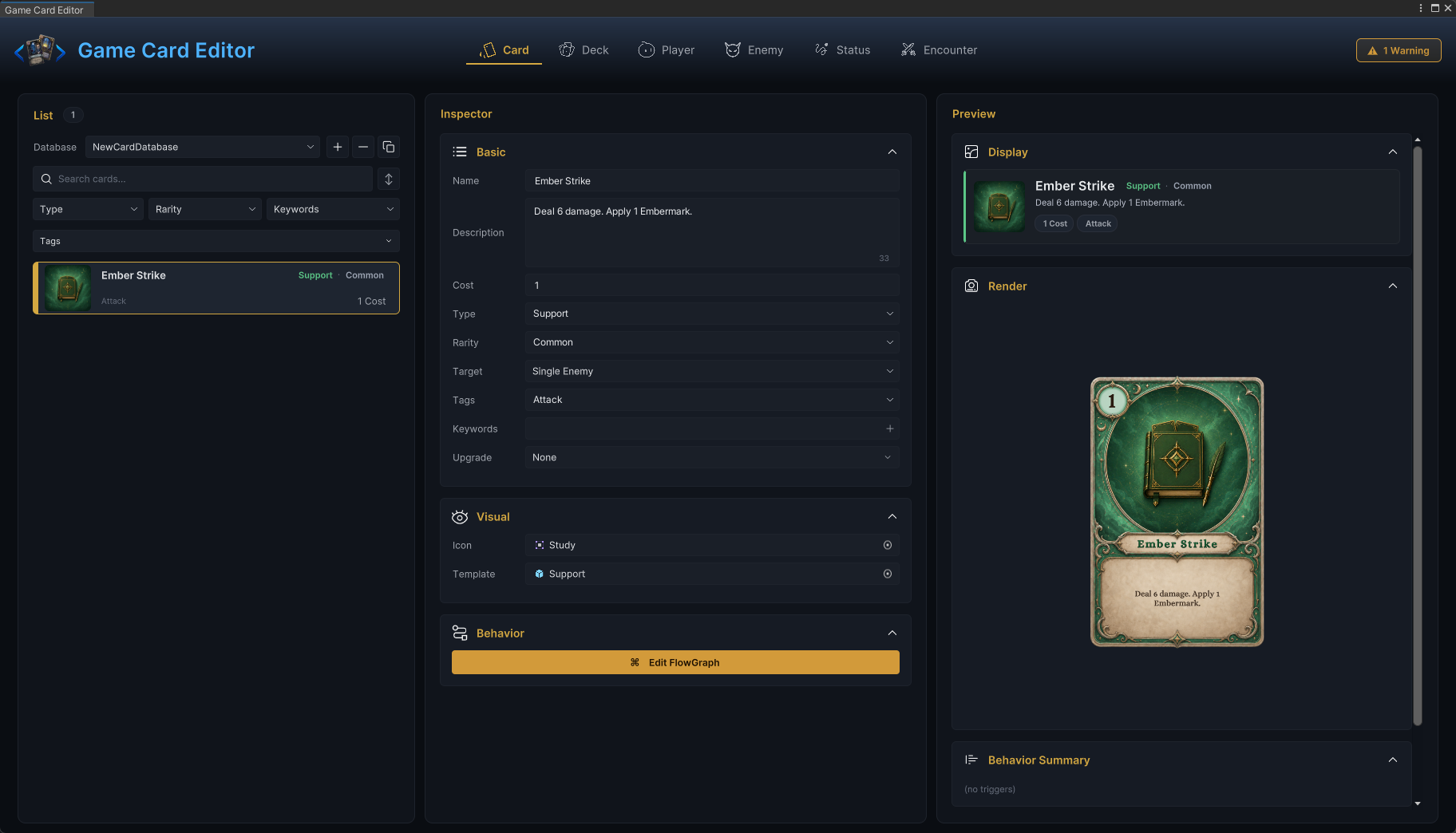 The basic fields, card preview, and unconfigured Behavior for Ember Strike