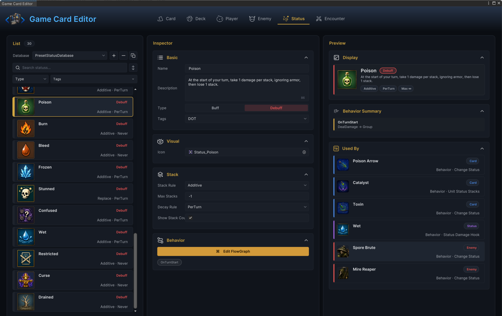 Workbench Status mode with Poison selected, showing its Debuff type, Additive stack rule, PerTurn decay, and the icon preview