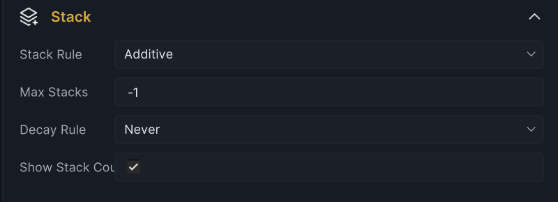 The Stack panel of the Status inspector: Stack Rule, Max Stacks, Decay Rule, and Show Stack Count