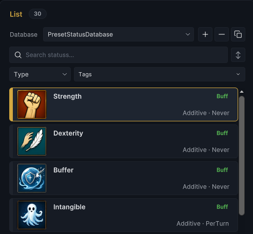 The complete Status List frame with database controls, Type and Tag filters, and status rows