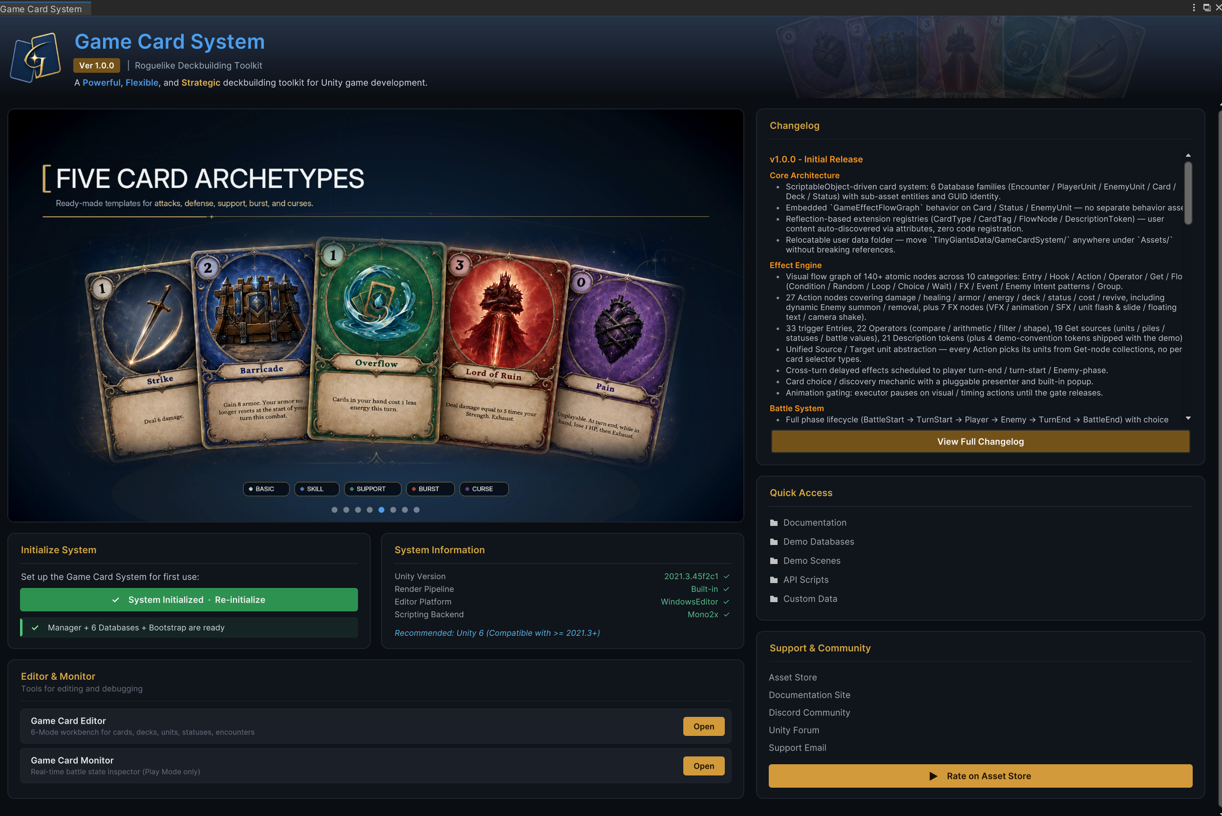 The Game Card System dashboard, including system initialization, environment information, Editor tools, and resource shortcuts