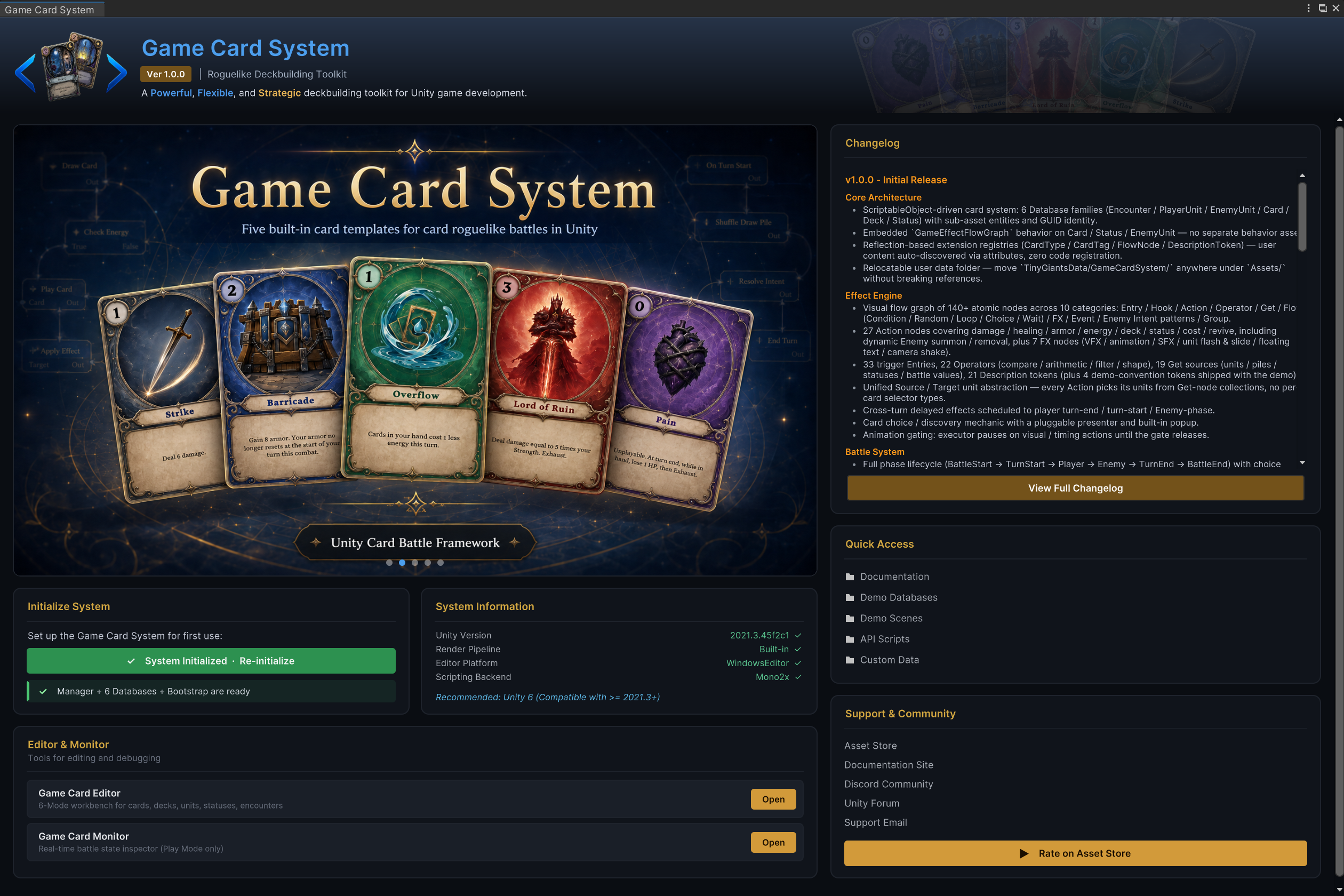 The Game Card System dashboard with Initialize System, System Information, Editor &amp; Monitor, changelog, quick access, and support cards