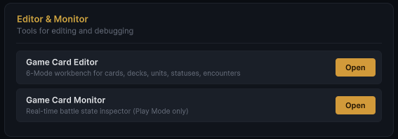 The Editor & Monitor card with Game Card Editor and Game Card Monitor entries