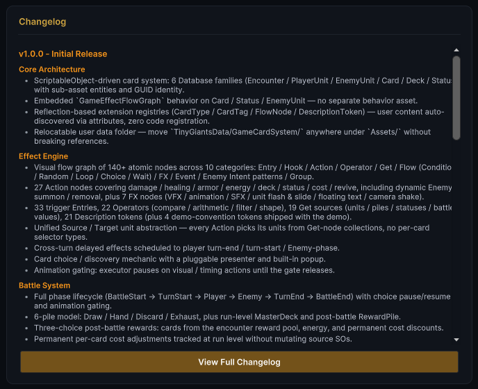 The Changelog card in the Game Card System dashboard