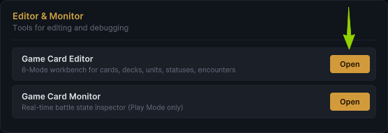 The button that opens Game Card Editor from the Game Card System dashboard