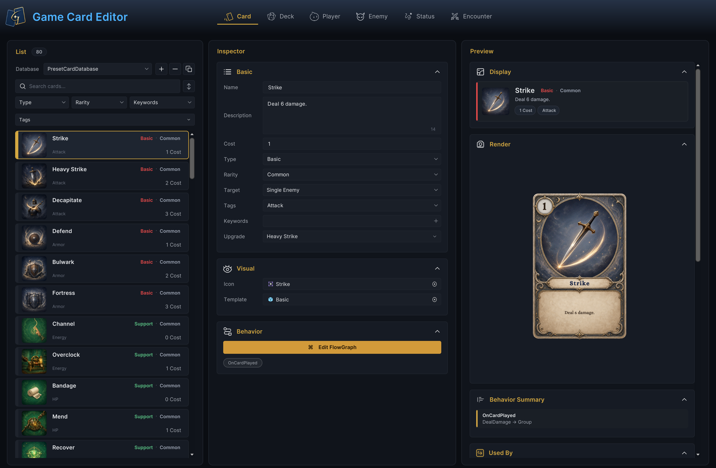 Card mode in Game Card Editor, with List on the left, Inspector in the center, and Preview on the right