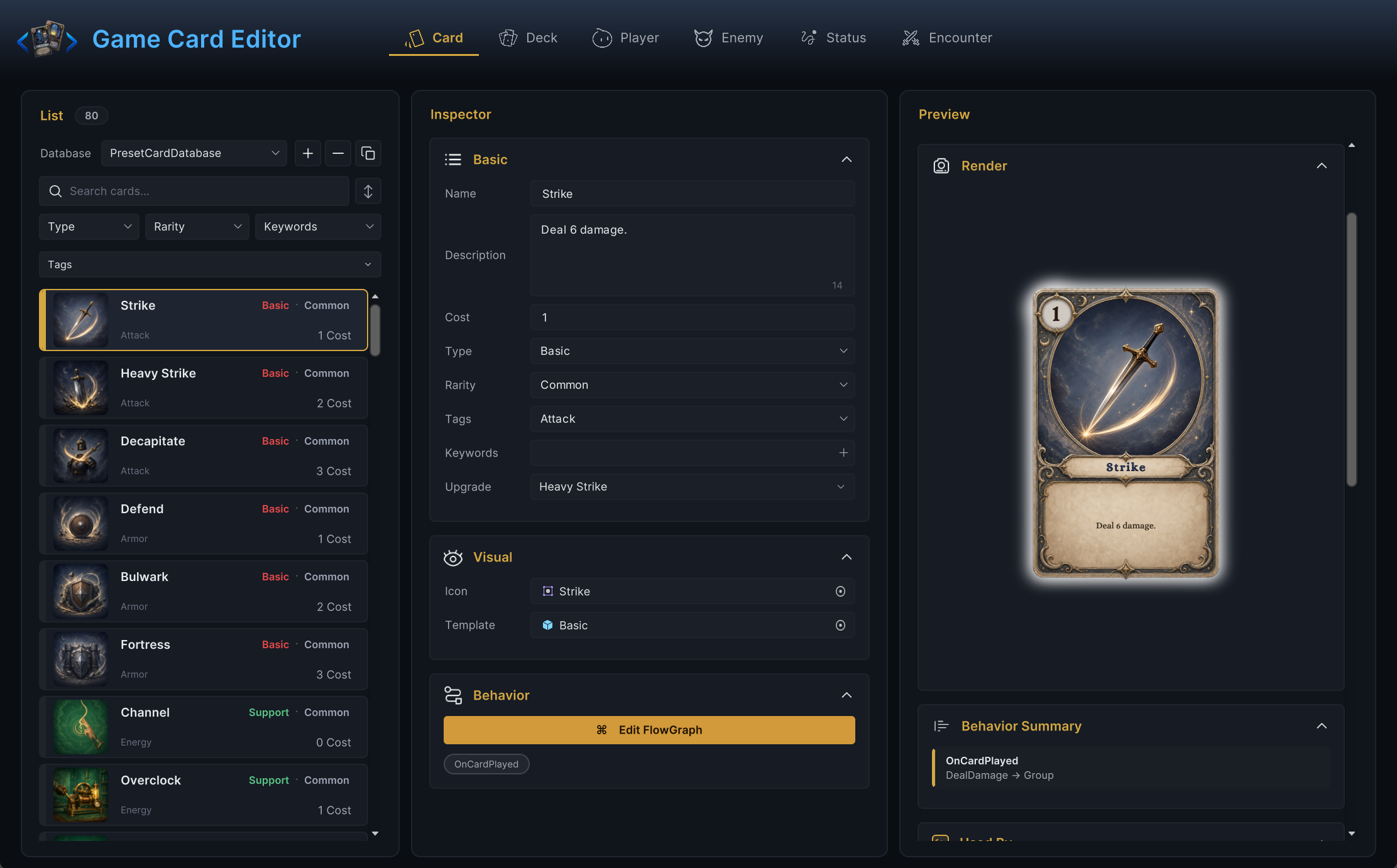 Workbench Card mode with the card list on the left, the inspector in the middle, and a live card preview on the right