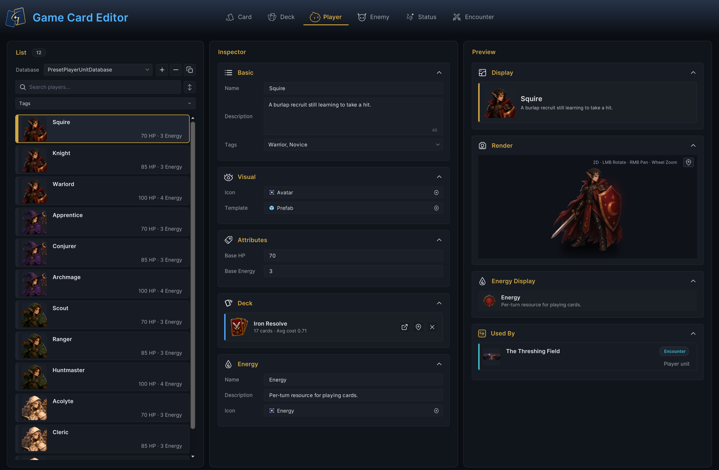 Player mode in Game Card Editor, showing the Squire asset list, character configuration, presentation preview, and Encounter references