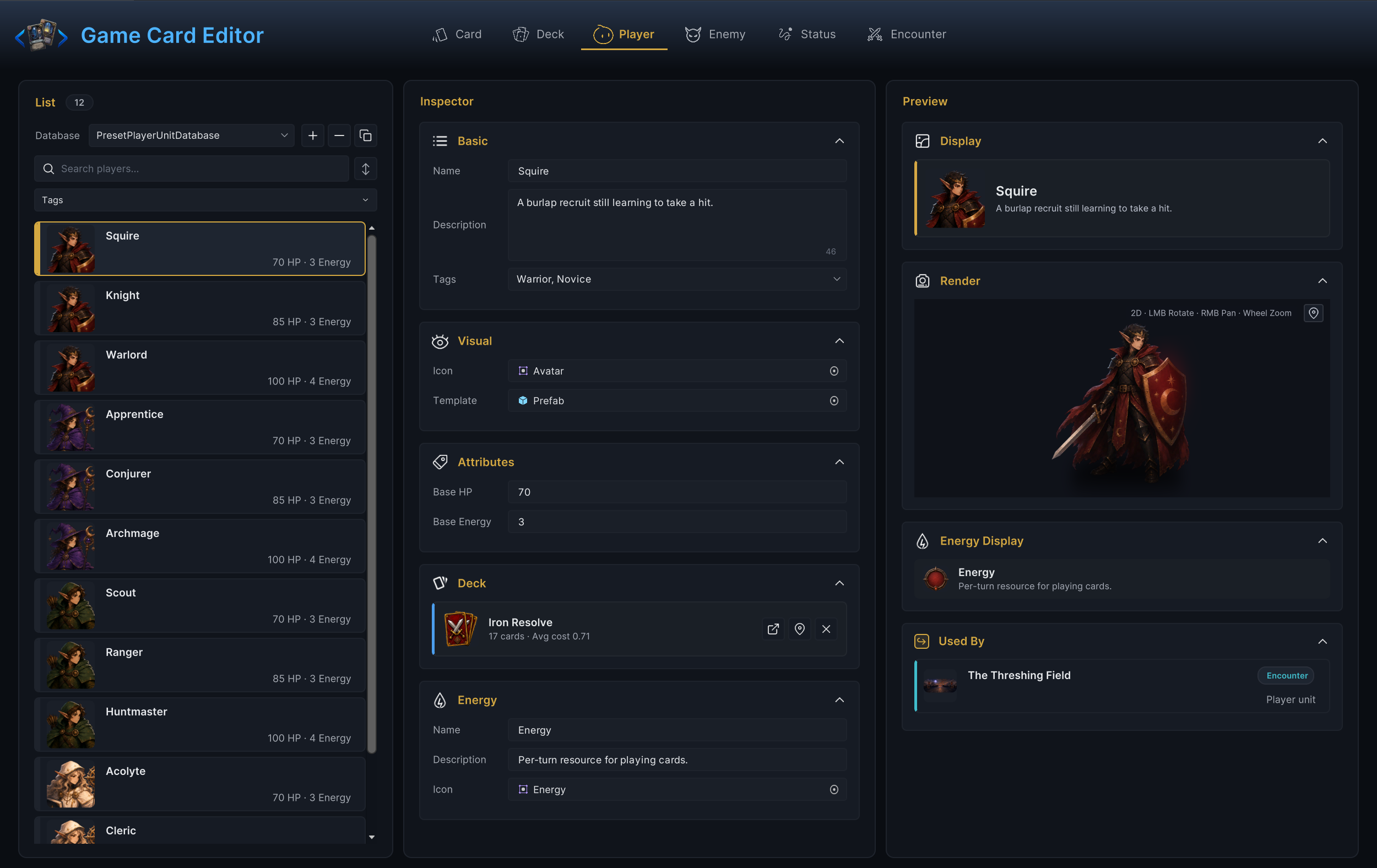 Workbench in Player mode showing the Squire unit with base HP and energy, the linked starting deck, the energy resource definition, and a live prefab render