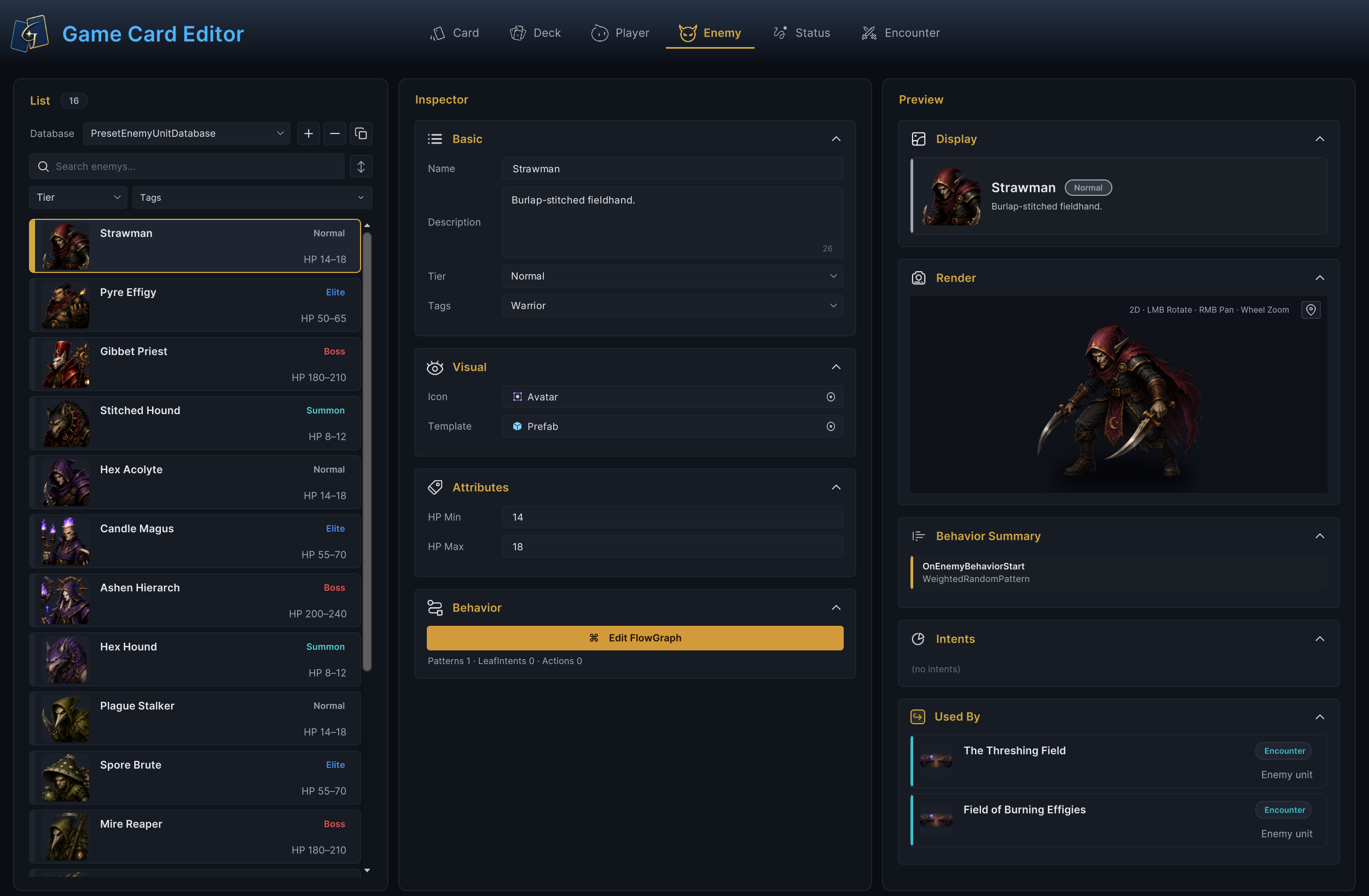 Enemy mode in Game Card Editor, with enemy attributes, Behavior, and Intent distribution
