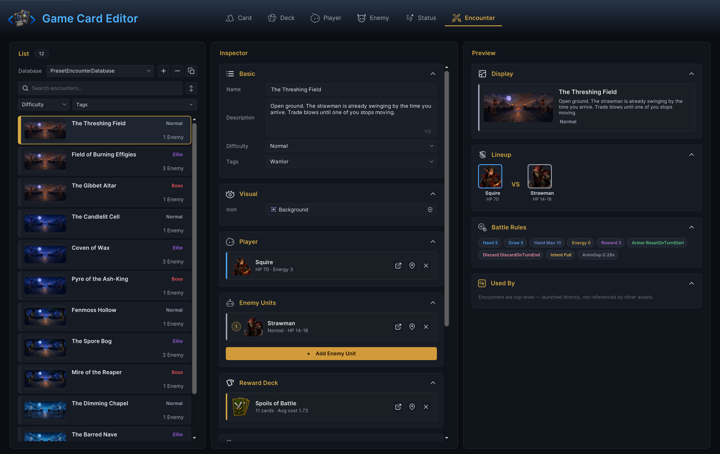 Workbench in Encounter mode with the player unit, enemy lineup, reward deck, and battle rule chips