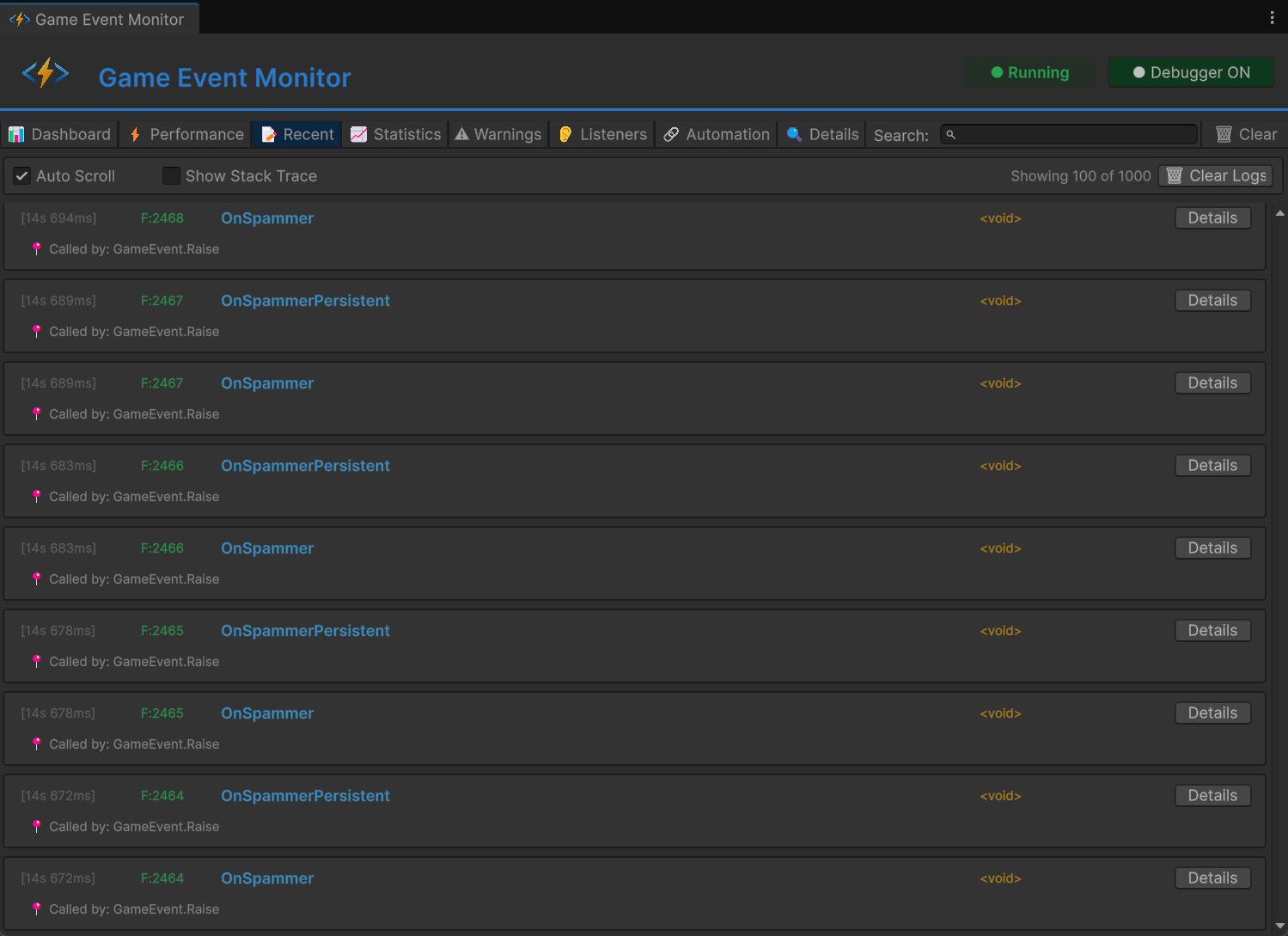 Recent Events Tab - Running State