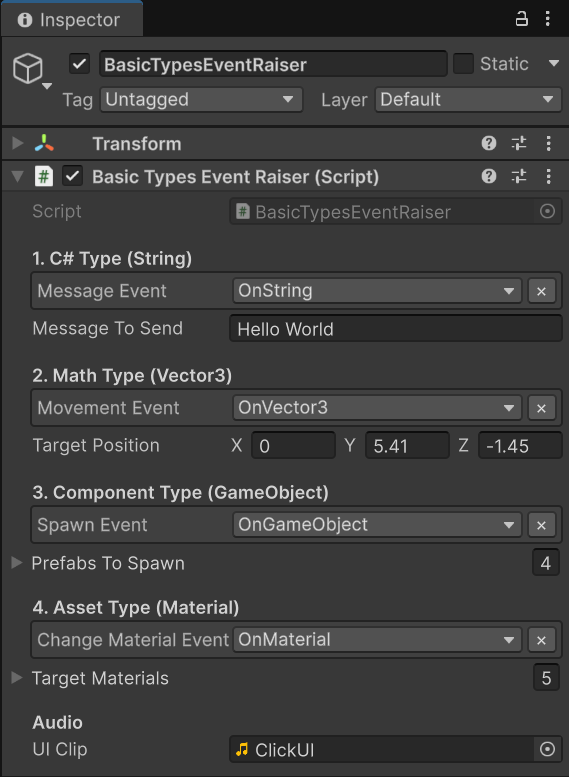 BasicTypesEventRaiser Inspector