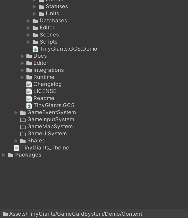 Project 窗口中的 Demo 文件夹:Content 下按对象划分的 Intents、Statuses、Units 等文件夹,以及 Databases、Scenes、Scripts