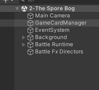 The Spore Bog demo 场景的 Hierarchy：承载设置组件对的 GameCardManager 对象，旁边是展示层根对象 Background、Battle Runtime、Battle Fx Directors